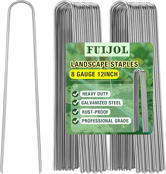8 Gauge Landscape Staples, FUIJOL 12 Inch Heavy Duty U-Shaped Landscape Stakes, 50 Pack Galvanized Garden Staples for Weed Barrier Stakes, Ground Cover, Irrigation Tubing, Fence (50)