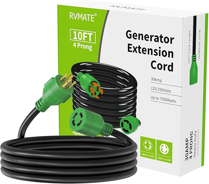 RVMATE 30 Amp Generator Cord 4 Prong 10 Feet, NEMA L14-30P/L14-30R, 125/250V Up to 7500W 10 Gauge SJTW Generator Extension Cord, ETL Listed