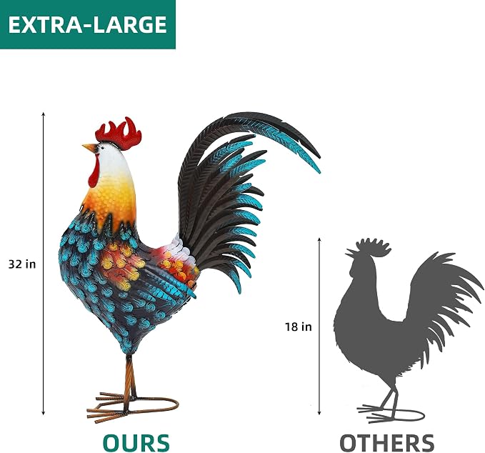 32" Metal Rooster Yard Decor, Large Outdoor Garden Statue | Outdoor Chicken Sculpture, 3D Hand-Painted, Rustic Farmhouse Style, Weather Resistant Iron, Backyard Patio Lawn Garden