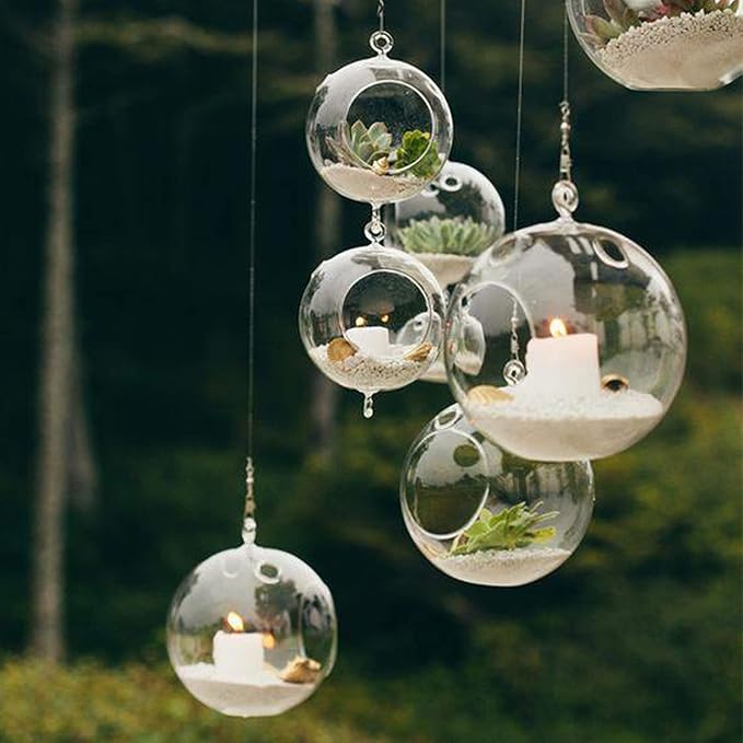 WGV Hanging Terrarium Globe, Width 5", Height 7", Double Hook, DIY Air Succulent Planter, Clear Glass Vase Orb, Candle Holder for Windowsill Outdoor Garden Decor, 6 Pieces Bulk