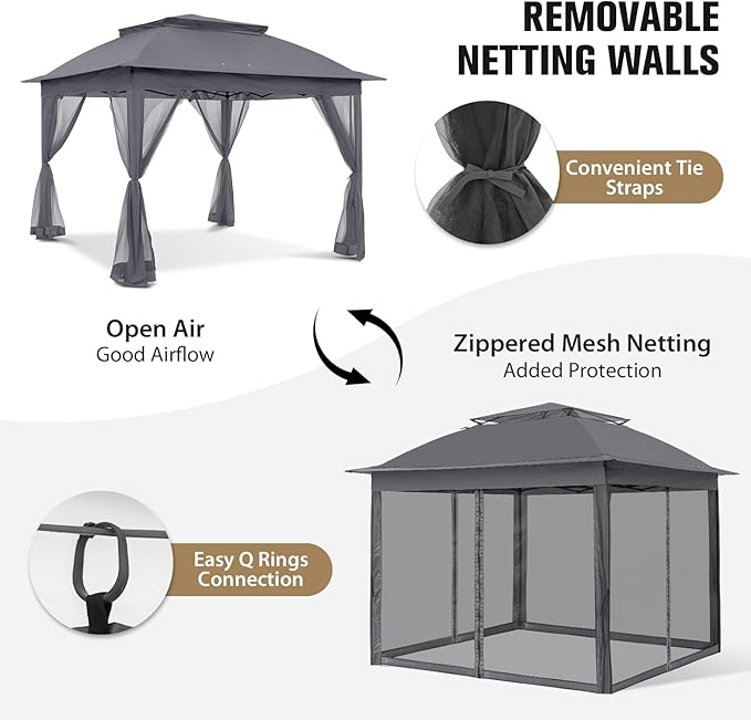 COOS BAY Pop up Gazebo 11x11, Instant Canopy Tent with Mesh Netting, Patio Gazebo with 121 Square Feet of Shade, 4 Weight Bags Included, Dark Gray