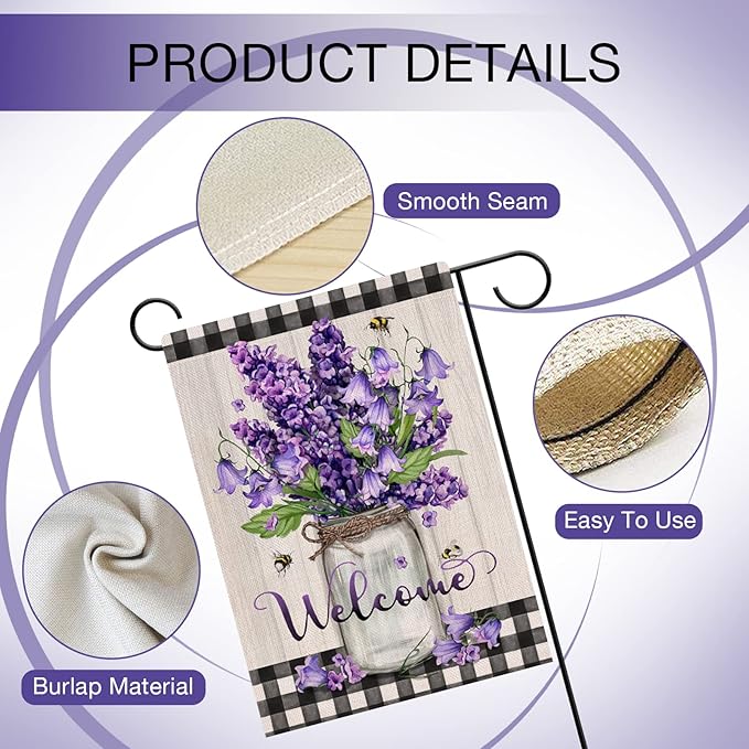 Hzppyz Welcome Spring Summer Floral Flower Garden Flag Double Sided, Hyacinth Canterbury Bells Decorative Yard Outdoor Home Small Decor, Mason Jar Plaid Farmhouse Outside House Decoration 12 x 18