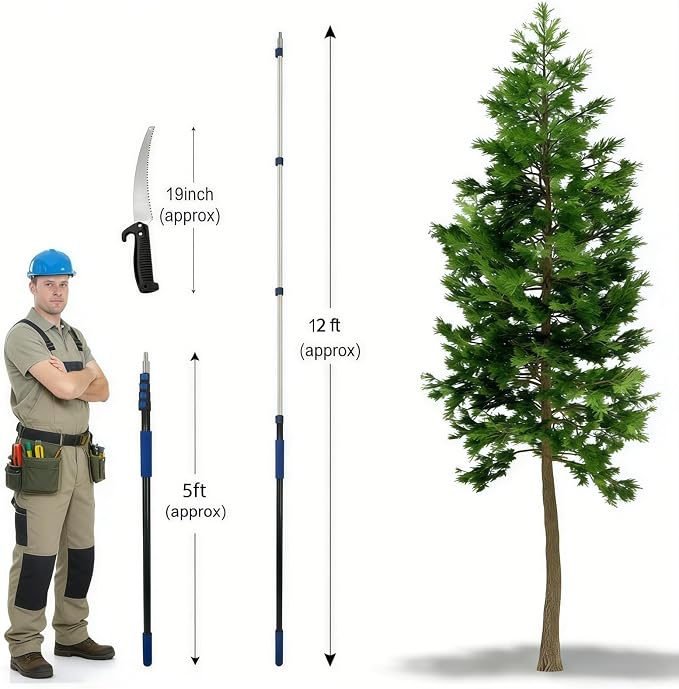 18FT Reach Manual Pole Saws for Tree Trimming with 5-12FT Telescoping Extension Pole, Anti-slip Handle, Manual Pruning Pole Saw with 19" 3X Detachable Saw for Forestry, Yard, Garden, Patios