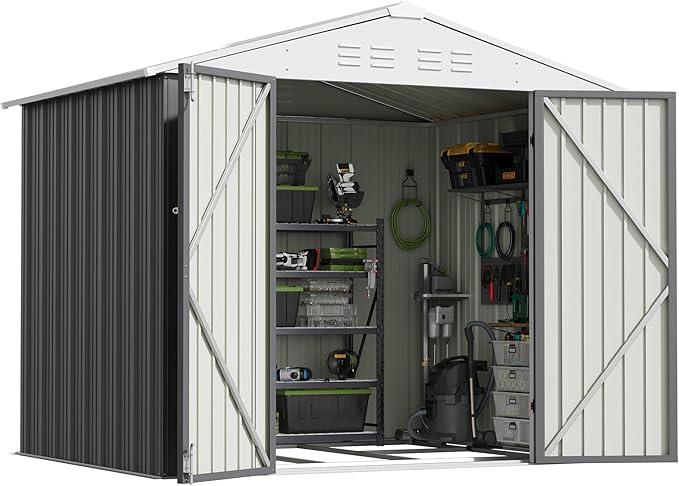 Patiowell 8x6 FT Outdoor Storage Shed with Floor Frame, Metal Garden Patio Sheds with Sloping Roof and Lockable Door, Waterproof Steel Tool Shed for Backyard Garden Lawn, Gray