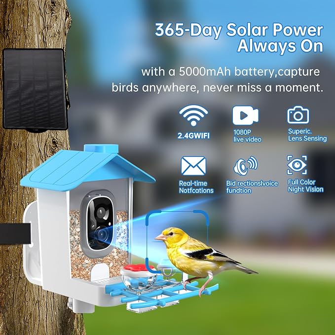 Bird Feeder with Camera Solar Powered - Smart Bird Feeder with 2K HD Camera, AI Identification, Solar Powered, Instant App Alerts, Birds Watching Gifts for Mom, Dad, Tech Lovers