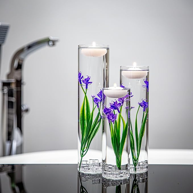 Floating Flower for Table Centerpiece Artificial Purple Orchid Glass Cylinder Vase Set with Floating Candles Fake Ice Cubes for Wedding Party Home Bar Restaurant Festival Decoration