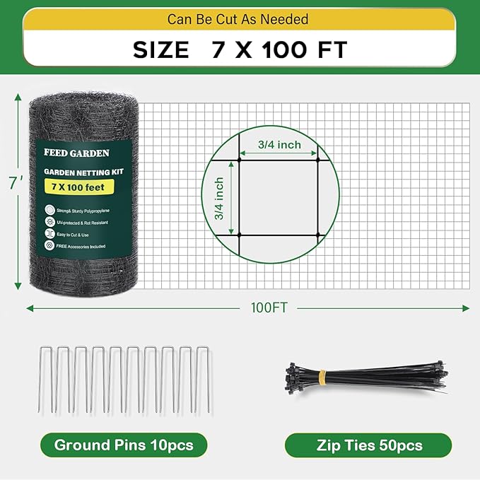 FEED GARDEN Heavy Duty Deer Netting - 7x100ft UV-Protected Garden Fence with 3/4" Fine Mesh - Includes 10 Stakes & 50 Zip Ties for Easy Installation