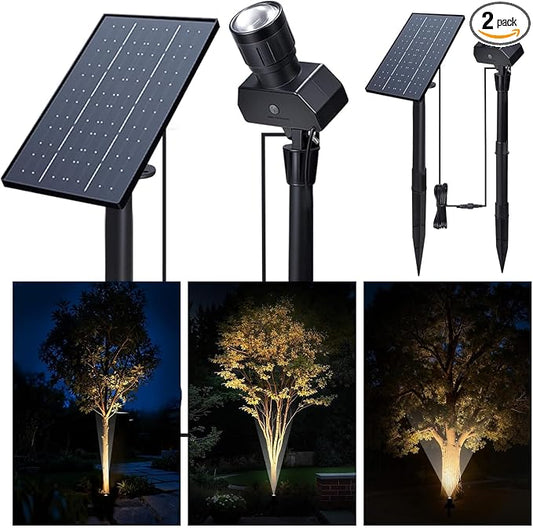 Solar Spot Lights Outdoor, Adjustable Beam Focus Uplights for Trees, Waterproof Separate Panel Bright Spotlight, LED Warm White & Daylight Selectable for House Exterior Flag 2 Pack