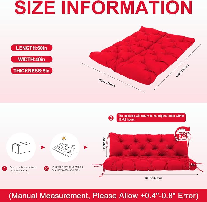 Porch Swing Cushions 60 inch Waterproof & Fade Resistant Thicken 5" Outdoor Swing Cushions 3 Seater Replacement with Backrest & Ties Patio Swing Cushions for Outdoor Furniture (Red)