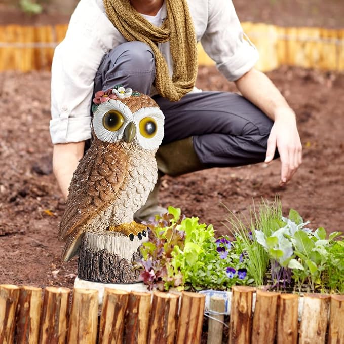 1 KINGO Fake Owl Decoy, Bird Deterrents for Outside, Solar Powered LED Eyes & Ultrasonic Deterrent, Scarecrow Owl Decoys to Scare Birds Away, Bird Repellent Devices Outdoor, Resin Garden Statues