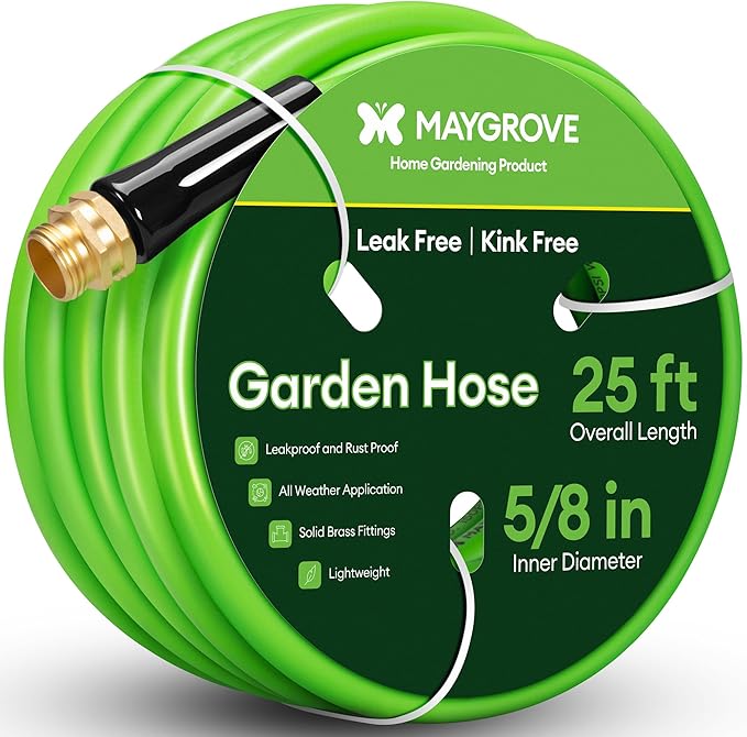 Maygrove 25 ft Garden Hose, 5/8 in ID, Heavy-Duty, Leakproof, Kink-Resistant Water Hose with Swivel Brass Fittings, 600 PSI Burst Rating, Ideal for Car Wash & Lawn Watering