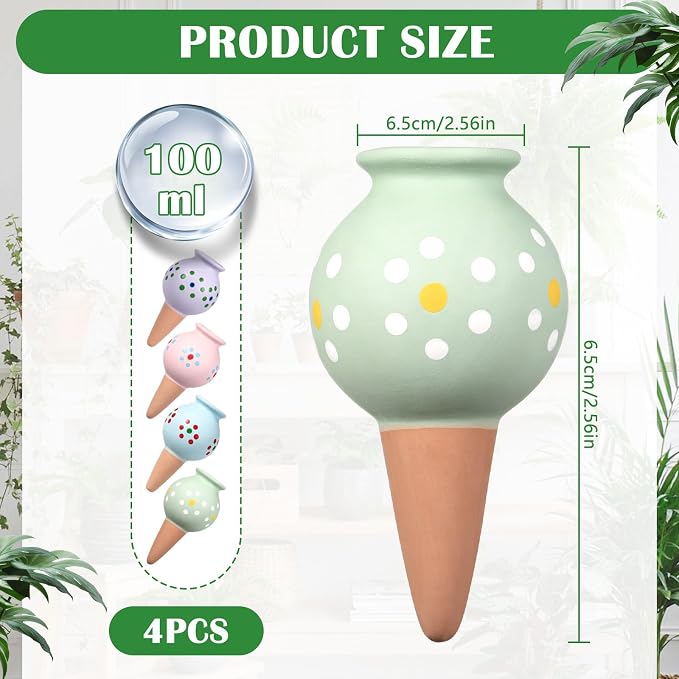 Domensi 4 Pack Terracotta Plant Watering Devices, Self Watering Spikes, Polka Dot Wine Bottle, Automatic Insert System Decorative Stakes, Cute Plant Spikes for Indoor Outdoor Plants