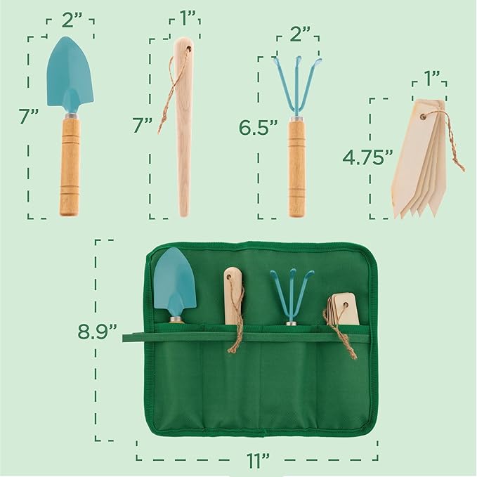 Stephen Joseph, Toddler Gardening Tool Set 5 PCS - Mini Shovel, Seed Dibbler, Mini Rake and Plant Markers with Roll Up Bag, Kids Gardening Tools, Best Outdoor Toys Gift for Boys and Girls, Dino