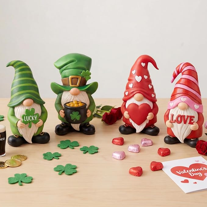 Simgoing 4 Pcs Holiday Gnomes Figurines 2 Valentines 2 St Patrick's Day Gnomes, Resin Love Heart Figurines Lucky Tabletop Decor Holiday Statues Centerpieces for Spring Home Table Tiered Tray
