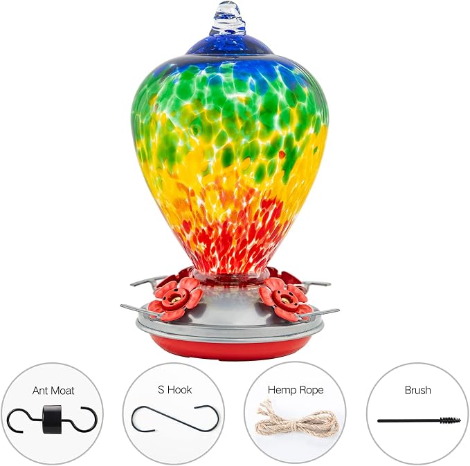 Hummingbird Feeders, 34OZ Hand Blown Glass Hummingbird Feeder for Outdoors Hanging with Ant MoatHooks, Perfect for Gardening Yard Patio Decor Gifts (Rainbow) | LaElvish Garden Hummingbird Feeders, 34OZ Hand Blown Glass Hummingbird Feeder for Outdoors H...
