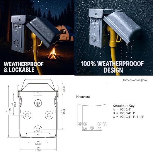 50 Amp NEMA 14-50R Power Outlet Box 125/250 Volt, Heavy Duty Lockable Weatherproof Outdoor Electrical Panel, Outdoor Receptacle for EV RV Generator Camper Motorhome, ETL Listed, HDS2-003