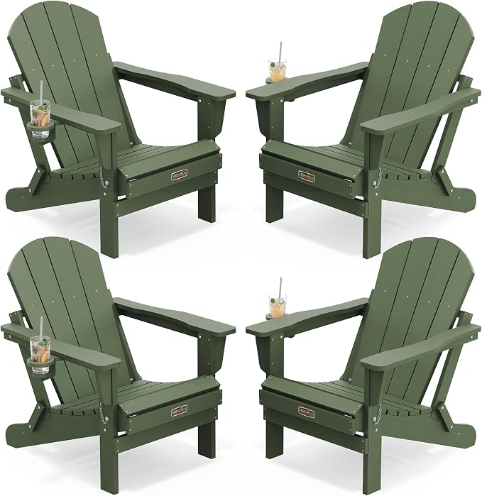 SERWALL Adirondack Chair Set of 4, Weather Resistant HIPS Patio Chairs with Cup Holder for Patio Garden Outdoors Fire Pit- Army