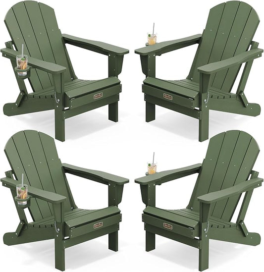 SERWALL Adirondack Chair Set of 4, Weather Resistant HIPS Patio Chairs with Cup Holder for Patio Garden Outdoors Fire Pit- Army
