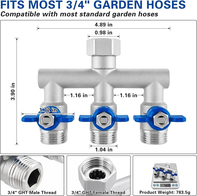 304 Stainless Steel 3 Way Garden Hose Splitter, Heavy Duty Hose Splitter with 3 Shut-Off Valves, 3/4" GHT Outdoor Faucet Hose Adapter, Full Flow Water Hose Connector