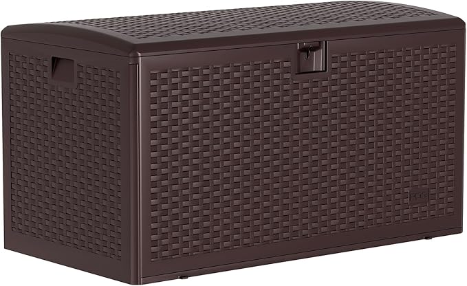 99 Gallon Waterproof Large Resin Deck Box Indoor Outdoor, Lockable Storage Container for Patio Furniture Cushions, Throw Pillows, Garden Tools, and Pool Floats, Brown