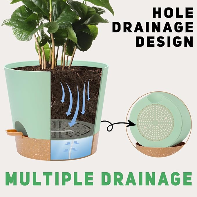 YNNICO 12 Inches Indoor Self Watering Planters with Drainage Holes and Saucers, 4 Pack (Green)