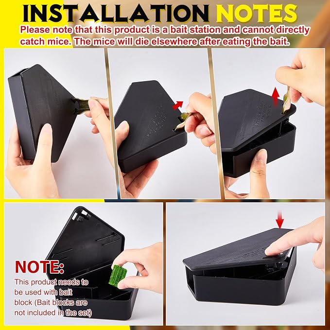 Qualirey 4 Pcs Mice Station with Key Triangle Mouse Station Lockable Reusable Bait Box, Enclosed Design for Indoor and Outdoor Use, Suitable for Small Mice (Black)