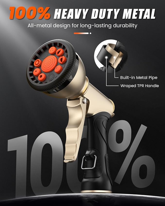 RAINPOINT Garden Hose Nozzle, 9 Spray Patterns Hose Sprayer Nozzle, Heavy Duty Metal Water Hose Nozzle, Adjustable Hand Sprayer, Watering Plants and Lawn, Pet Showering (Nozzle, Orange)