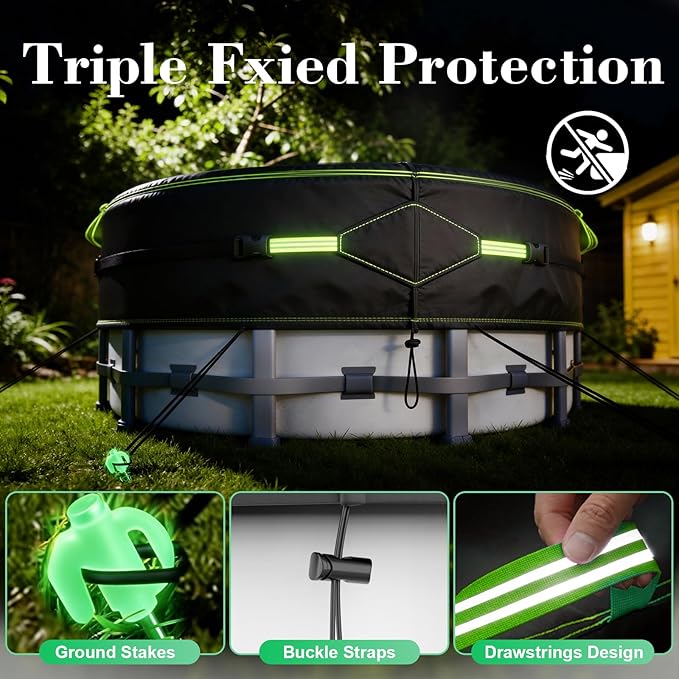 14Ft Round Pool Cover for Above Ground Pools, Safety Solar Pool Covers with Reflective Strips, Rope and Luminous Nails, Upgraded Thicker Oxford, PU Tarp Snug, UV Protected, Windproof, Tear Resistant