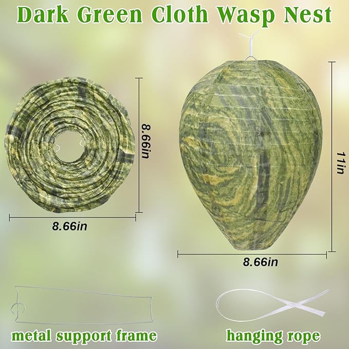ZeeDix 2 Pack Hanging Wasp Nest Decoy for Outdoor, Home and Garden(8.66"×11",Dark Green)