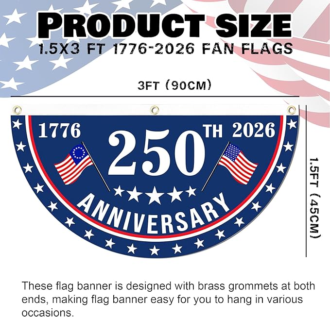 2PCS USA Anniversary 250th Flag, 1.5X3 FT Anniversary Fan Flags, Yard Signs Hanging Decor for Outdoor, Front Door, Porch, Welcome Backdrop with Brass Grommets (Style 1)