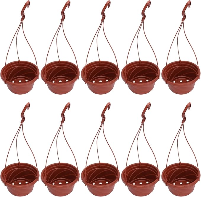 DOITOOL 10 Sets Plastic Hanging Planter Pots Small Hanging Flower Pot, Orchid Pots 6.7 Inch Chain Baskets for Outdoor Indoor Plants and Balcony Decoration (Coffee)