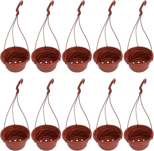 DOITOOL 10 Sets Plastic Hanging Planter Pots Small Hanging Flower Pot, Orchid Pots 6.7 Inch Chain Baskets for Outdoor Indoor Plants and Balcony Decoration (Coffee)