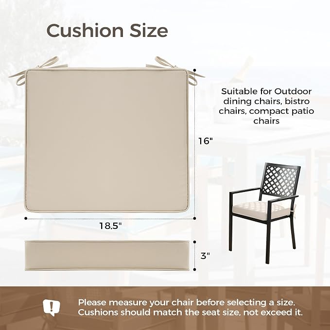 UNIKOME Outdoor Chair Cushions Set of 4, Water Resistant Patio Seat Cushions with Ties for Outdoor Furniture, High-Density Foam, UV & Fade Resistant, Piped Edge – 18.5" x 16" x 3", Beige