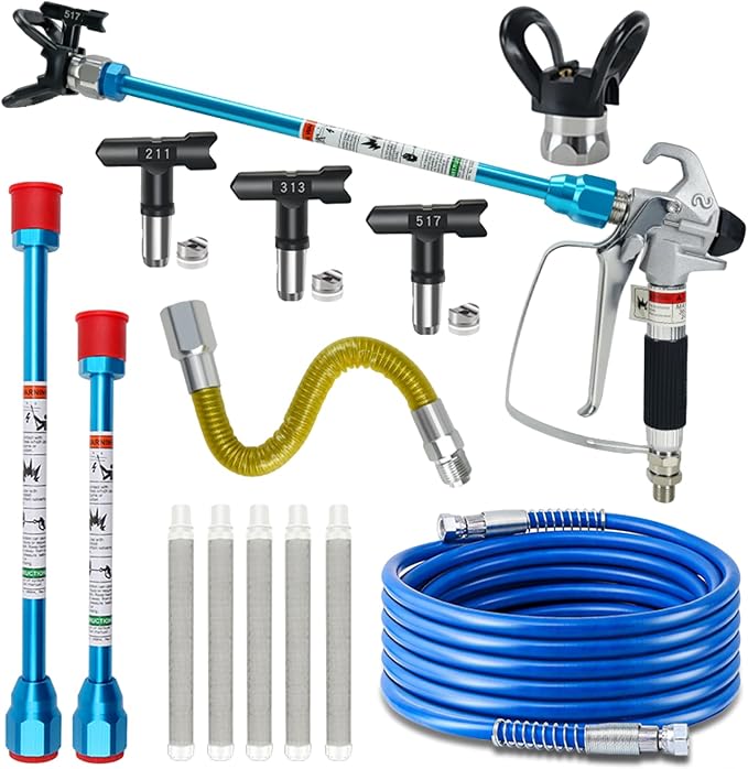 Airless Paint Sprayer Gun Kit 3600PSI Airless Spray Gun with 25Ft High Pressure Hose 3Pcs Reversible Spray Tips 2Pcs Extension Rod 5Pcs Airless Spray Gun Filter, Nozzle Holder and Corrugated Pipe
