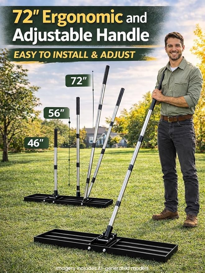 30x10 inch Lawn Leveling Rake, Yumatum 72" Heavy Duty Lawn Leveler Tool, Stainless Steel Handle Lawn Leveler for Yard Golf Pasture Garden, Professional Lawn Care Landscape Rake