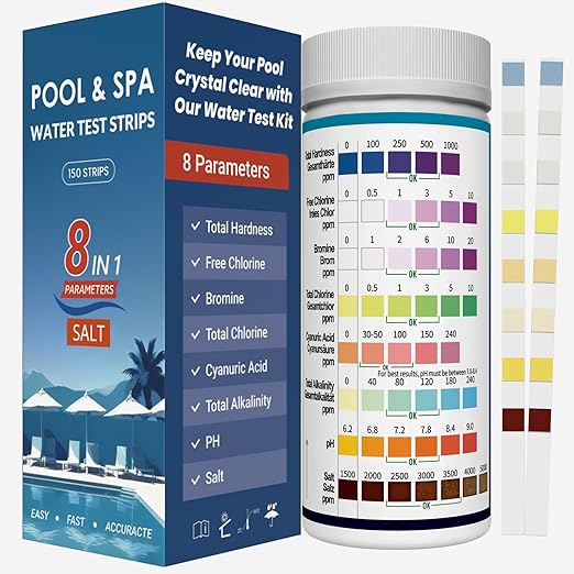 All-New 2026 8-in-1 Pool Test Strips -150 CT Pool Salt Test Strips | Salt Water Pool Testing Kit for Salt Water Pools, in & Above-Ground Pools, Hot Tubs&Spas| Quick&Accurate Testing Chlorine,pH,Salt