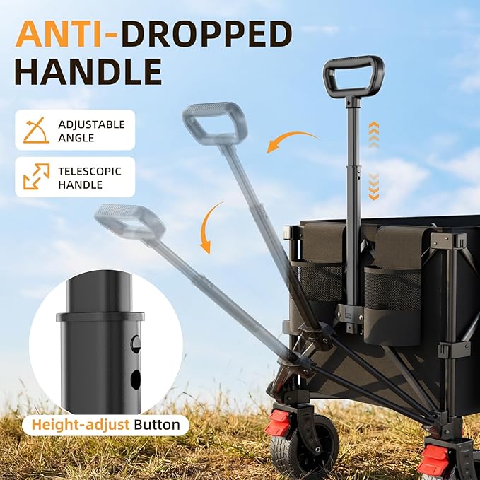 220L Collapsible Wagon Cart, 39" L Extended Frame and 440Lbs Heavy Duty, Lightweight 15lbs Folding Garden Cart with Silent All-Terrain Wheels for Beach, Camping Grass and Grocery, Black