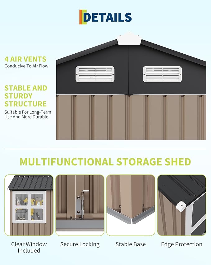 6x8FT Metal Storage Shed with Sloped Roof, Lockable Doors, Solar Light, Windows, and Vents, Outdoor Storage Sheds for Garden, Backyard, Patio Tools and Equipment