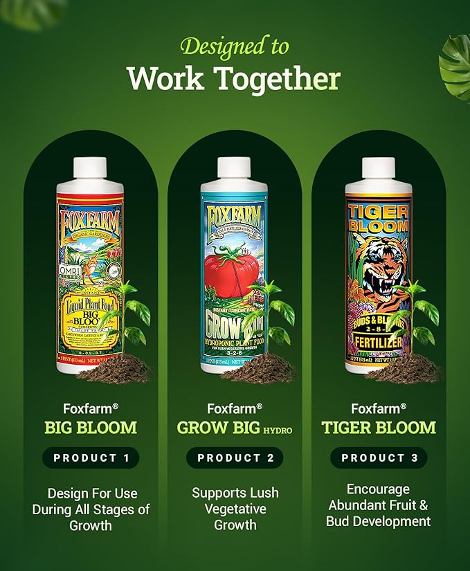 FoxFarm Hydro Liquid Trio Pack - Big Bloom, Grow Big Hydroponic, Tiger Bloom Fertilizers for Plant Growth, Bud Development & Abundant Fruit - Complete Hydroponic Plant Food Set - 3 Quart Bottles
