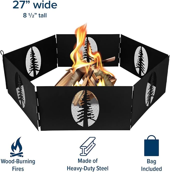 Camco Portable 27 x 8.5" Outdoor 6 Piece Collapsible Steel Campfire Ring with Storage Bag for Safe Natural Wood Burning Fires