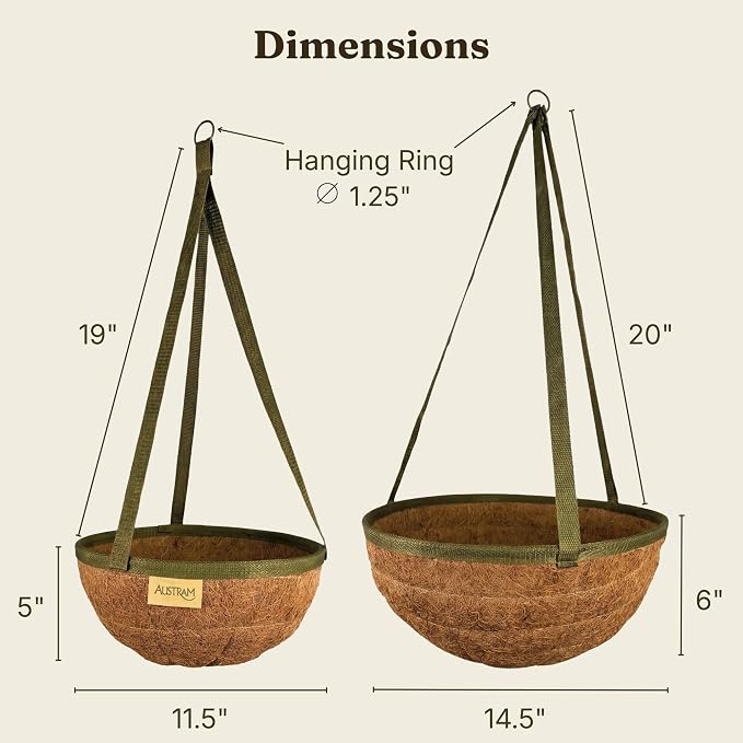 15 Inch Handmade Coco Fiber Hanging Basket 2 Pack - Hanging Planter for Outdoor Plants - Natural Boho Rustic Coconut Coir Oversize Decorative Flower Pot Holder for Porch Patio Balcony Garden