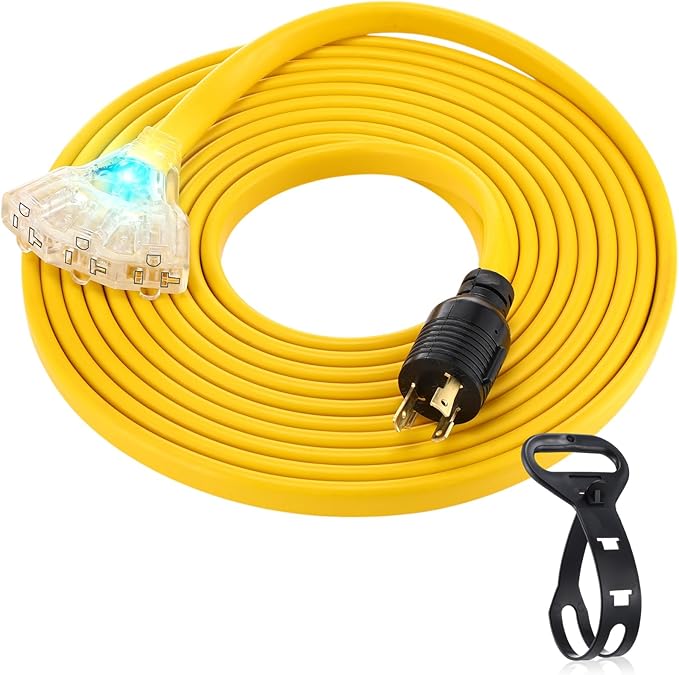 Tellegloww 25 ft NEMA L5-30P to 3X 5-20R/5-15R RV Generator Flat Extension Cord, 30A 3Prong Lock Generator to 110V 15/20A Outlet Distribution Adapter 10 Gauge ETL Listed, Yellow