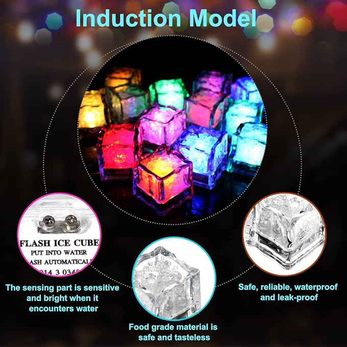 60PCS Waterproof LED Light Up Ice Cubes for Drinks That Change Colors Flashing Glow in the Dark for Bar Club Drinking Party Wine Wedding Swimming Pool Decoration