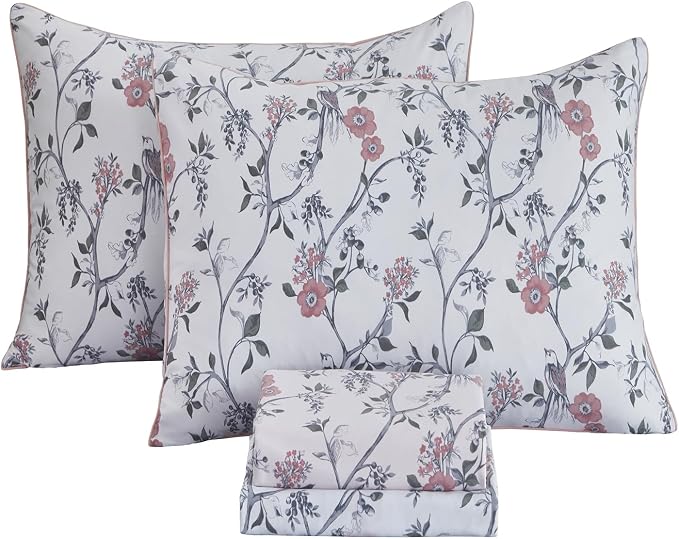FADFAY Sheets Set Twin Rustic Bird Floral Bed Sheets Set Vintage Botanical Bedding Shabby Branches Leaves Bedding Collections 100% Egyptian Cotton Breathable Soft 17.7" Deep Pocket 4Pcs, Twin Size