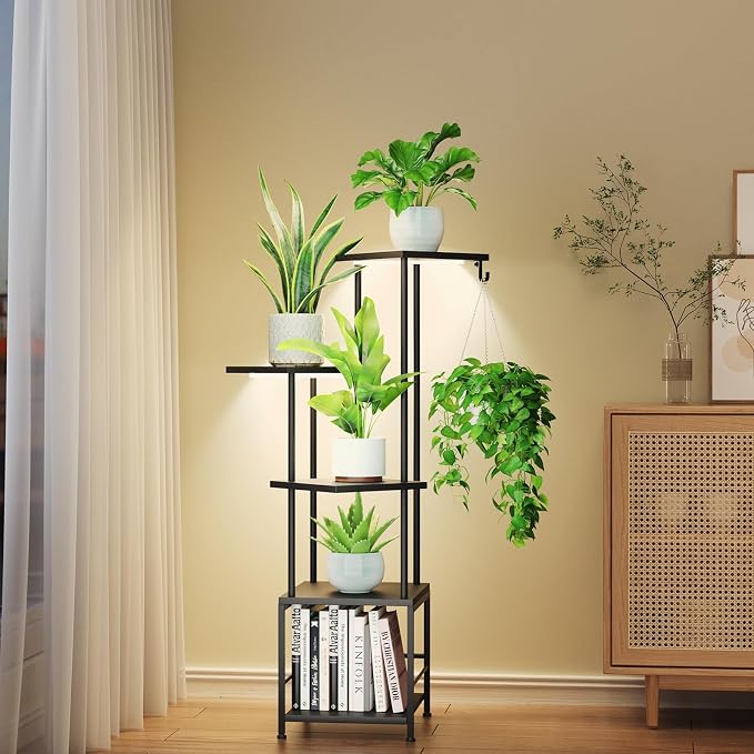 Homsorout Plant Stand Indoor with Grow Light - 5-Tier Metal Plant Shelf with Hanging Basket Hook, Corner Tall Flower Holder for Multiple Plants, Living Room Balcony Garden Patio, Black