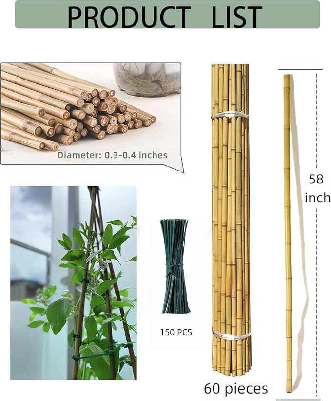 60 Pack Bamboo Stakes for Plant 5 Feet (58inch) with Twist Ties Bamboo Sticks Plant Support Garden Stakes Poles for Tomatoes Cucumber Grapes Pole Beans Trees Potted Dahlia Flowers