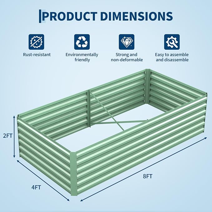 IDEALHOUSE 8x4x2 Ft Galvanized Metal Raised Garden Bed, 24-Inch Tall Heavy Duty Planter Box for Vegetables, Herbs & Flowers, Rust-Resistant Outdoor Gardening Bed, Green