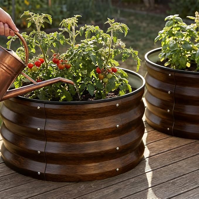 COMHOMA 2 Pack Round Raised Garden Bed 2x2x1ft,Galvanized Metal Planter Box Kit for Outdoor Gardening,Vegetable Flower Herb Growing Beds with Gloves Tools,Brown