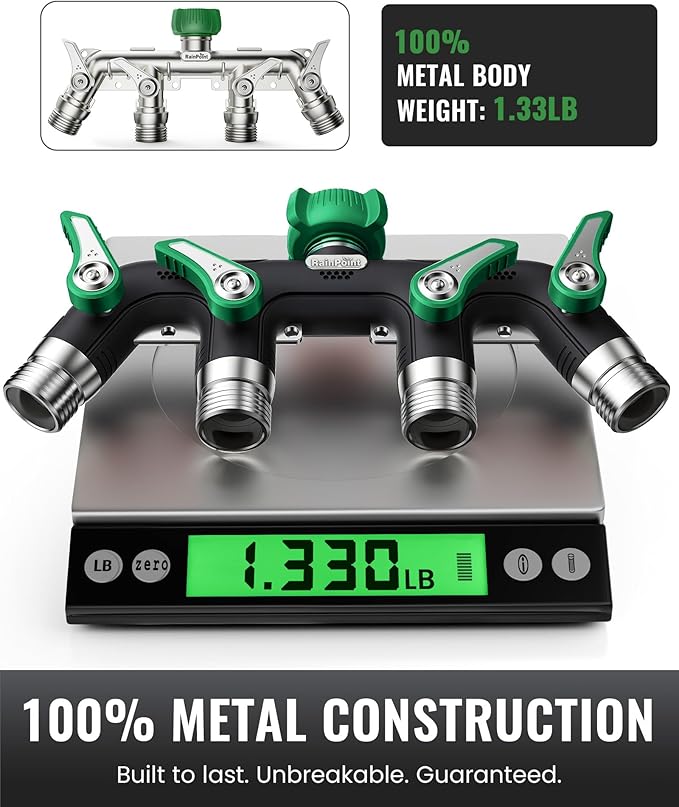 RAINPOINT 4 Way Garden Hose Splitter, 100% Metal Heavy Duty Water Hose Splitter with Individual Shut-Off Valves, 3/4" GHT High Flow Outdoor Faucet Splitter, 1.81" Extra Long Handle (Dark Green)