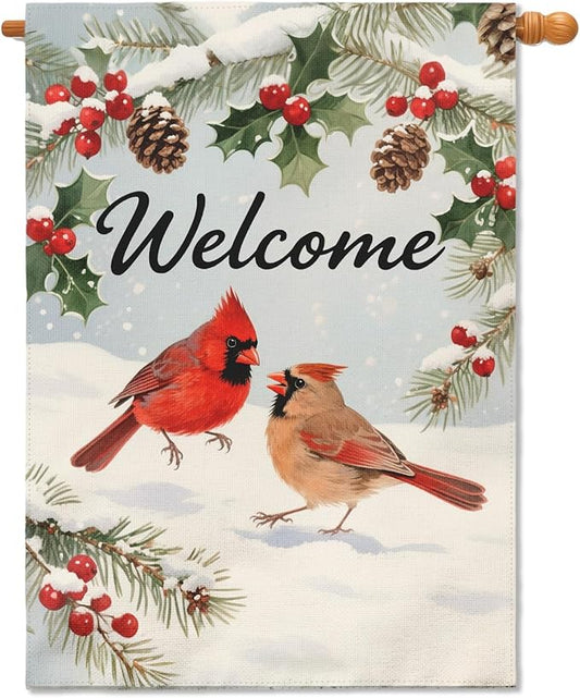 Welcome Winter House Flag 28x40 Inch Cardinal Bird Snow Scene Christmas Holiday Seasonal Decorative Garden Flags for Outside Double Sided Outdoor Home Farmhouse Decoration Porch Yard New Year Decor